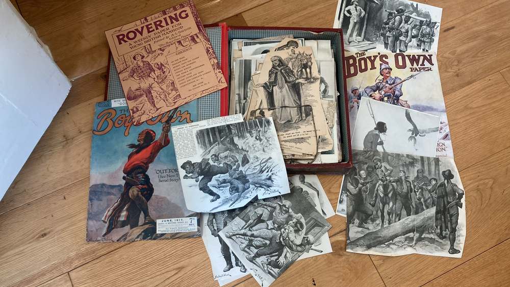 Boyhood magazine clippings, showing the influences on masculinities at that time - guns, fighting, colonialism ...